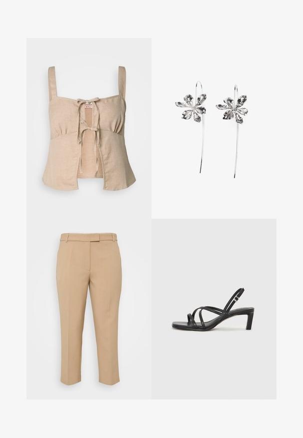 Bežs linu apgriezts tops ar plāniem siksniņām un priekšējo sasienamu aizdari. Izceļas ar savilktu detaļu un paplatinātu apakšējo daļu. Gluda tekstūra.; Bēša piegriezuma bikses ar taisnu griezumu, vidēji augstu jostu un sānu kabatām. Gluda tekstūra ar skaidriem krokām un apvilktiem potītes garuma galiem.; Melnas strappy sandales ar kvadrātveida purngaliem un zemu bloku papēdi. Ievērojamas ar vairākiem plāniem siksniņām un regulējamu potītes siksniņu. Izgatavotas no gludas ādas.; Sudraba zieda formas auskari ar teksturētu apdari, ar garām uzkarsējošām daļām un ziedlapiņām līdzīgām detaļām, veidojot sarežģītu dizainu.