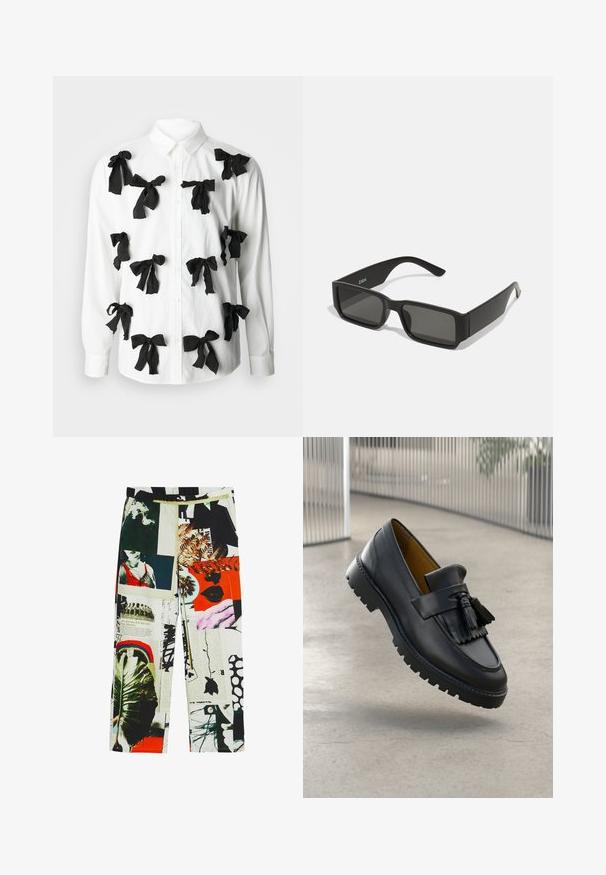 Sister Jane PENNY BOW UNISEX - Bluza s gumbima - white; Hlače s uzorkom koje imaju kolaž slika, boja i tekstura, uključujući zelenilo, grafike i odvažne naglaske. Elastična struk.; Crni kožni loafer s detaljima na resicama, glatka površina i gumeni potplat s tragovima za prianjanje. Unutrašnjost obložena kontrastnom smeđom bojom.; Crne sunčane naočale s pravokutnim lećama, okvirom od mat plastike i ravnim rubovima. Sadrži logo branda na unutarnjoj strani drške.