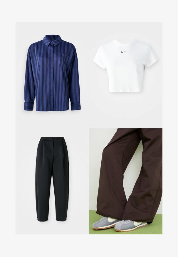 Camisa riscada azul-marinho com colarinho, bolso no peito e mangas longas. Feita de um tecido suave e brilhante com um corte solto.; T-shirt branca cropped, feita de algodão, com mangas curtas e decote redondo, apresentando o logótipo da Nike em preto no peito.; Calças pretas feitas de um tecido suave, com uma cintura ajustada, frente pregueada e pernas afuniladas com bainhas dobradas.; Calças largas castanhas com textura suave e detalhes nas costuras laterais, combinadas com sapatilhas retro em cinza e branco com sola de borracha.
