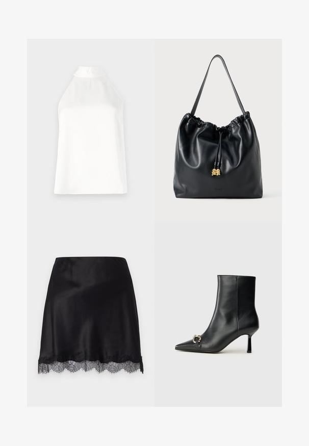 Balta be rankovių palaidinė su aukštu apykakle, švelnios tekstūros ir šiek tiek laisvo kirpimo, be raštų ir puošmenų.; FROM FUTURE SAMMY - Pieštukinis sijonas - noir; Juodas odinis apavas iki kulkšnies su smailiu nosiu, plonu vidutinio aukščio kulnu ir sidabriniu sagties akcentu šone, prieš paprastą foną.; Juodas odinis maišelis su virvute, turintis lygią tekstūrą, susiraukšlėtą viršų ir subtilų auksinį apdailą. Turi vieną tvirtą diržą ir įspaustą logotipą.