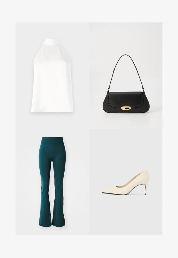 Haut sans manches blanc avec un col haut, une texture douce et une coupe légèrement ample, dépourvu de motifs et de décorations.; Leggings évasés teal en tissu doux et extensible avec une taille haute, présentant une texture subtile et un design ajusté.; Escarpin blanc en cuir avec un bout pointu, texture lisse et semelle noire. Design classique avec une hauteur de talon modérée.; Sac à main en cuir noir avec un design incurvé, matériel doré et une poignée sur le dessus. Présente une fermeture élégante et une texture lisse.