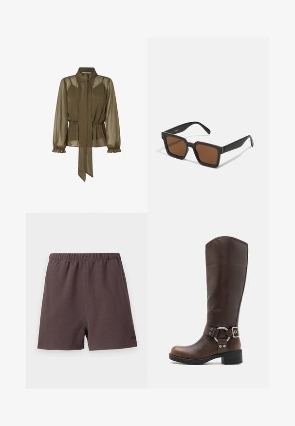 Olivovo zelená, priesvitná blúzka s viazaným golierom, elastickým pásom a volánovými dlhými rukávmi. Ľahký materiál s voľným strihom.; Tmavohnedé šortky vyrobené z textúrovanej, tkaninovej látky. Majú elastický pás a malý logo akcent na dolnej pravej strane.; Hnedá kožená vysoká čižma s okrúhlou kovovou akcentovanou sponou. Trochu textúrovaný zvršok, zvýšený podpätok a dizajn s okrúhlou špičkou.; Čierne štvorcové slnečné okuliare s hnedými šošovkami, matným povrchom a zlatými akcentmi na ráme. Dizajn je uhlový s širokými ramenami.