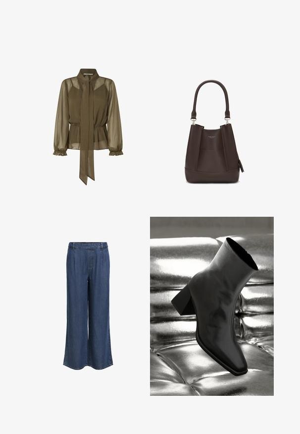 Blusa trasparente verde oliva con colletto legato, vita elastica e maniche lunghe a frufru. Tessuto leggero con un design fluttuante.; Pantaloni in denim blu scuro a gamba dritta con vita elastica e passanti per la cintura, senza tasche visibili, mostrati su uno sfondo bianco.; Stivale alla caviglia nero realizzato in materiale lucido con punta quadrata e tacco affusolato, posizionato su uno sfondo argentato lucido con imbottiture a sfera.; Carlheim ADALINE - Borsa a mano - brown