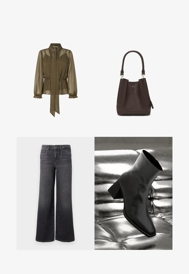 Olivově zelená, průhledná blůza s uvázaným límcem, elastickým pasem a volánkovými dlouhými rukávy. Lehká tkanina s volným střihem.; Široké tmavě šedé džíny s jemným blednutím, se zapínáním na knoflík, pěti kapsami a rovnými lemy u kotníků.; Černá kotníková bota vyrobená z lesklého materiálu se čtveratou špičkou a zúženým podpatkem, umístěná na lesklém stříbrném prošívaném pozadí.; Carlheim ADALINE  - Kabelka - brown
