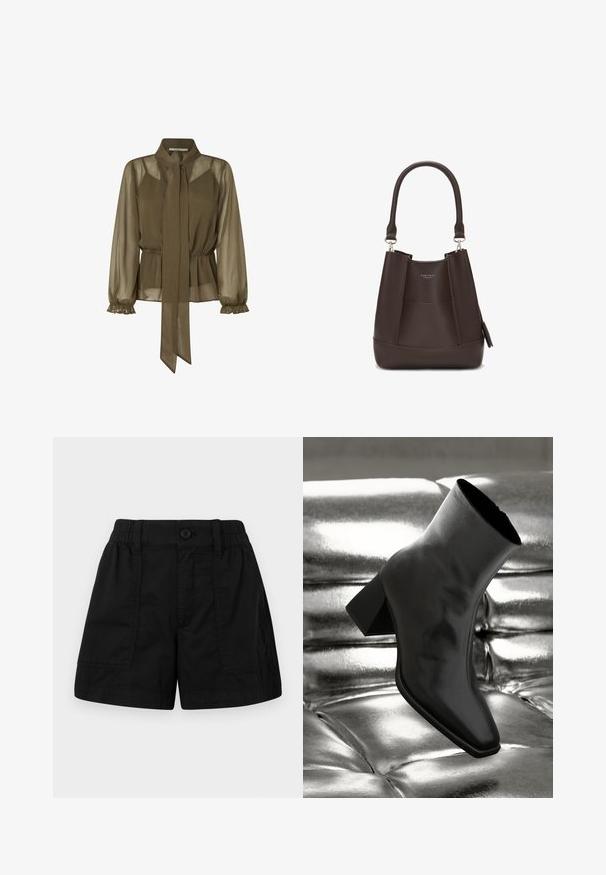 Blusa transparente de color verde oliva, con cuello atado, cintura elástica y mangas largas con volantes. Tejido ligero con un diseño fluido.; Pantalones cortos de algodón negros con cinturilla elástica y cierre de botón, que cuentan con dos bolsillos frontales y un corte recto. Textura suave.; Botín negro de tobillo hecho de material brillante, con punta cuadrada y tacón cónico, contra un fondo plateado brillante con almohadillado.; Carlheim ADALINE - Bolso de mano - brown
