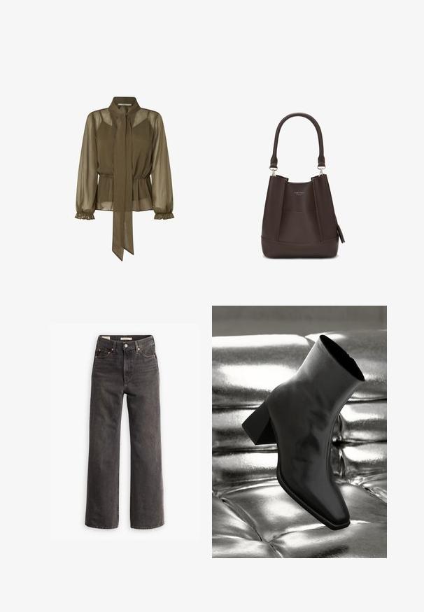 Olivno zelena, prosojna bluzica s zavezanim ovratnikom, elastičnim pasom in nabranimi dolgimi rokavi. Lahka tkanina z ohlapnim dizajnom.; Visoko pasovani široki kavbojki v temno sivi denimu, z sprednjimi žepi, kontrastnimi bakrenimi zakovicami in čisto končano brez okrasnih elementov.; Črne gležnjarje iz sijočega materiala s kvadratnim prstom in zoženim peto, postavljene na sijoče srebrno oblazinjeno ozadje.; Carlheim ADALINE  - Torbica - brown