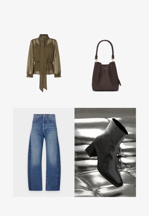 Olivgrüne, durchsichtige Bluse mit gebundenem Kragen, elastischem Taillenbund und Rüschensöckchen. Leichter Stoff mit fließendem Design.; Jeans aus Denim in einem hellblau bis dunkelblau Farbverlauf, mit einem lässigen weit geschnittenen Schnitt, fünf Taschen und sichtbaren Steppnähten.; Schwarzer Knöchelstiefel aus glänzendem Material mit quadratischer Zehenform und verjüngtem Absatz, vor einem glänzenden silbernen gepolsterten Hintergrund.; Carlheim ADALINE - Handtasche - brown