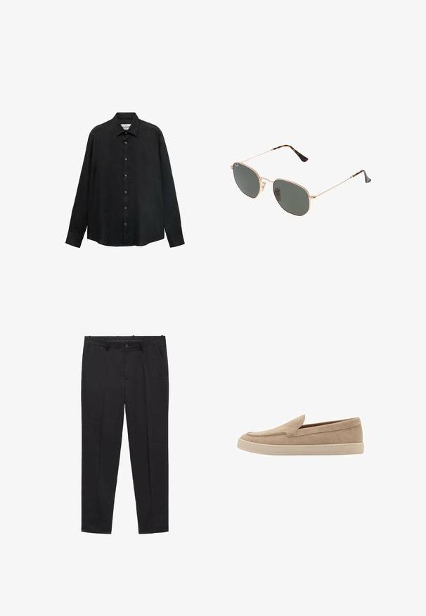 Black long-sleeve shirt made of textured fabric; features a collar and button-down front with visible buttons and a straight hem.; Black tailored trousers made of smooth fabric, featuring a flat front, belt loops, and side pockets. Straight-cut leg design.; Beige suede slip-on shoe with a rounded toe and stitched detailing. Light-colored rubber sole with a low-profile design.; Gold metal-frame sunglasses with dark green lenses, aviator style, featuring slim arms and tortoiseshell accents on the tips.