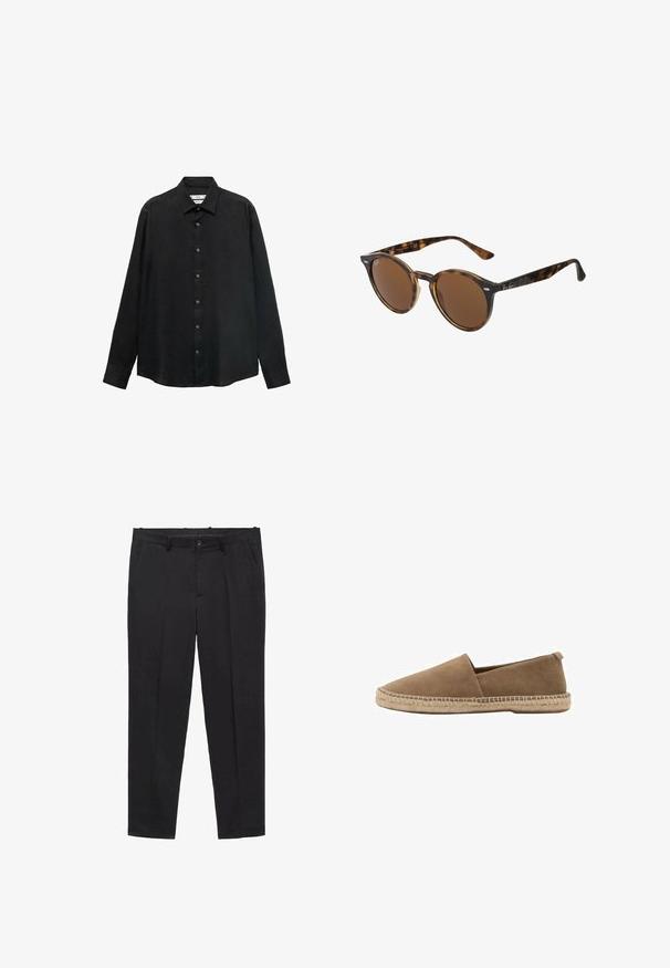 Crna košulja dugih rukava od teksturirane tkanine; ima ovratnik i prednji dio na kopčanje s vidljivim dugmadi te ravni rub.; Crne krojene hlače od glatke tkanine, s ravnim prednjim dijelom, petljama za remen i bočnim džepovima. Dizajn ravnog kroja.; Smeđe odabrane cipele bez vezica s oštrim vrhom, s tkanim jute potplatom i malim potplatom straga za podršku. Glatka tekstura i minimalistički dizajn.; Okrugle sunčane naočale s okvirom od plasticne u uzorku kornjače, smešnim lećama i metalnim detaljima na prednjoj strani. Tanji štiftovi s poliranim finišem.