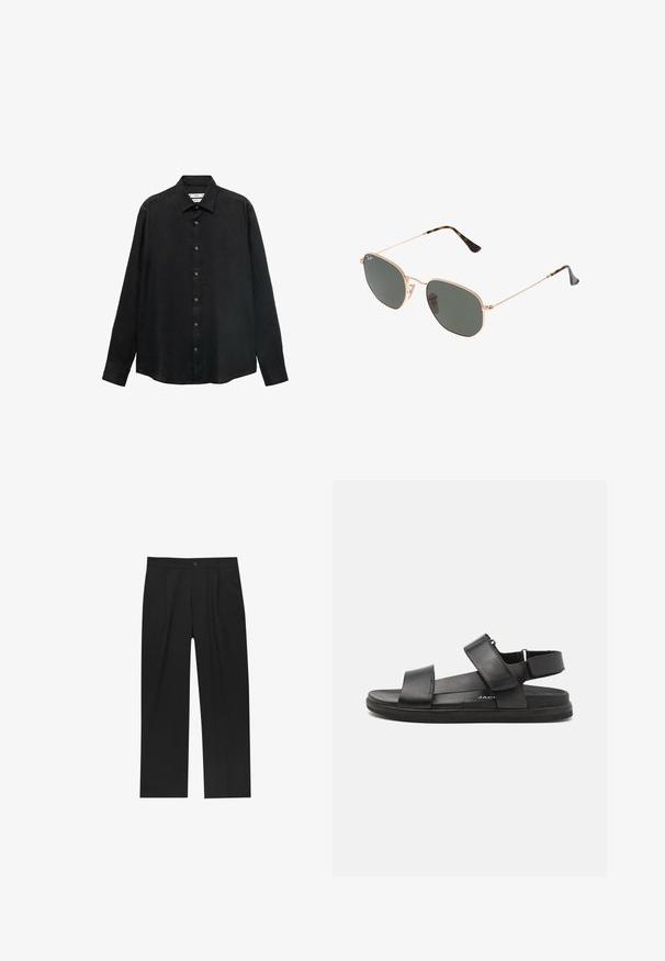 Musta pitkähihaisuus paita, joka on valmistettu teksturoidusta kankaasta; siinä on kaulus ja nappikiinnitys, jossa napit näkyvät, sekä suora helma.; Mustat housut suoranlahkeisella muotoilulla, valmistettu sileästä kankaasta. Ominaisuuksiin kuuluu etupleateet ja yksi nappikiinnitys vyötäröllä.; Mustat nahkasandaalit, joissa on kaksi leveää hihnaa jalan päällä, säädettävä kantahihna ja teksturoitu kumipohja pidon takaamiseksi.; Kultaa metallikehyksiset aurinkolasit tummanvihreillä linsseillä, pilottilaatuinen tyyli, jossa on kapeat varret ja kilpikonnakuosiset korostukset päissä.