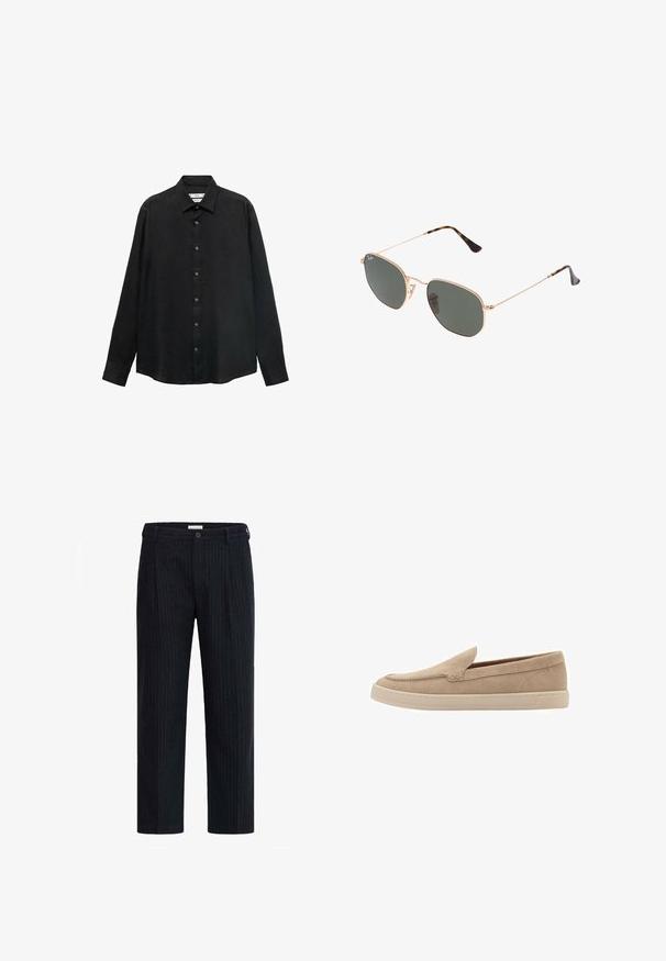 Zwarte langslavende shirt gemaakt van gestructureerde stof; heeft een kraag en een knoopsluiting aan de voorkant met zichtbare knopen en een rechte zoom.; Donker gestreepte broek met een recht model, knoopsluiting en nette plooien, gemaakt van een gestructureerde stof.; Beige nubuck instapper met een ronde neus en gestikte details. Lichtgekleurde rubberen zool met een laag profiel.; Gouden metalen zonnebril met donkergroene lenzen, aviator-stijl, met slanke scharnieren en schildpad-accenten op de uiteinden.