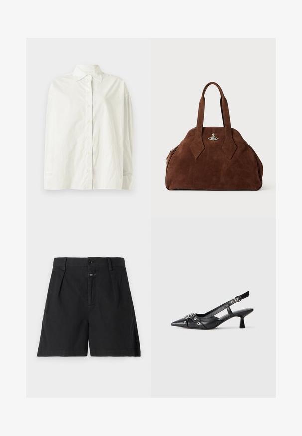 CLOSED CAPE SHIRT - Blusa - white; CLOSED REVYL - Shorts vaqueros - black; Zapato de slingback negro de piel con punta afilada, correas decorativas con ojales de metal y un tacón bajo y ancho. Superficie texturizada.; Bolso de ante marrón con una forma estructurada, cuerpo redondeado y asas alargadas en forma de diamante. Presenta un cierre de hardware plateado.