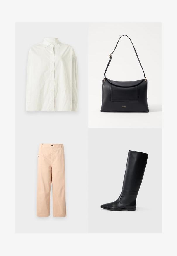CLOSED CAPE SHIRT - Pogājama blūze - white; Beige kokvilnas bikses ar īsu piegriezumu un taisnu fit, ar vienu pogu jostasvietā un sānu kabatām. Gluda tekstūra bez rakstiem.; Melnas ādas ceļgala augstas zābaki ar smailu purngali un minimālistisku dizainu. Gluda tekstūra un plakana zole, ar diskrētām sānu šuvju detaļām.; Melna ādas soma ar strukturētu formu, locīšanu augšdaļā un priekšējo kabatu. Tai ir šaura siksna un zelta krāsas aksesuāri.