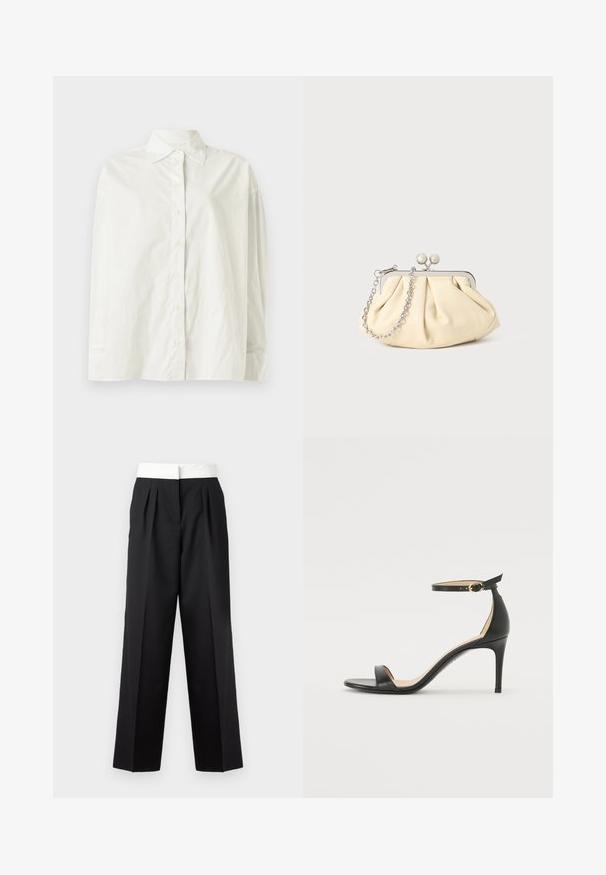 CLOSED CAPE SHIRT - Bluza z gumbi - white; Črne nabirane hlače z širokim belim pasom, ravnega kroja in gladke teksture za urejen videz.; Črne usnjene sandale s peto, ki imajo priponko za gleženj. Imajo gladko teksturo, odprt prst in tanek peto. Podrobnost z zlatim sponko.; Zavihani bež usnjeni nahrbtnik s srebrnim kovinskim okvirom, ki ima dve okrogli okrasni zaponki in srebrno verižico.