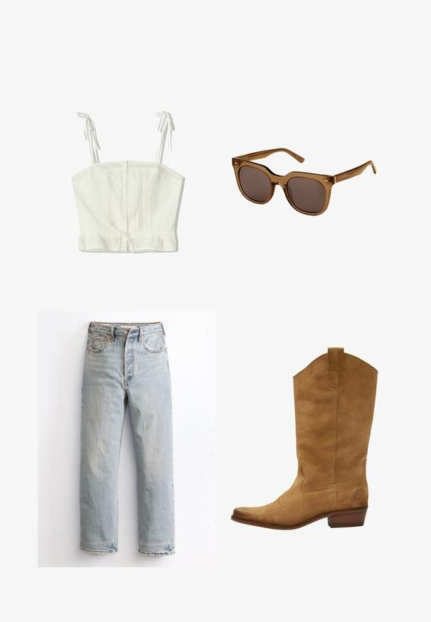 Biały bawełniany crop top z regulowanymi sznurkami, zapinany na guziki, z plisowanym wzornictwem i koronkowym wykończeniem u dołu. Gładka tekstura, lekki materiał.; Jasnoniebieskie dżinsy z prostymi nogawkami, z postrzępionym dołem, miedzianymi nitami i klasycznym stylem pięciu kieszeni.; Czarne zamszowe kowbojki z wysoką cholewką, spiczastym czubkiem i subtelnym białym przeszyciem. Mają wzorzysty akcent w pobliżu obcasa i warstwowany drewniany obcas.; Brązowe plastikowe okulary przeciwsłoneczne z szerokimi prostokątnymi oprawkami i ciemnymi szkłami. Fajnie zaprojektowane zauszniki mają subtelną teksturę oraz logo marki.; Złote, sferyczne kolczyki o błyszczącej, refleksyjnej powierzchni. Ich design jest prosty i gładki, co tworzy nowoczesny, minimalistyczny wygląd.