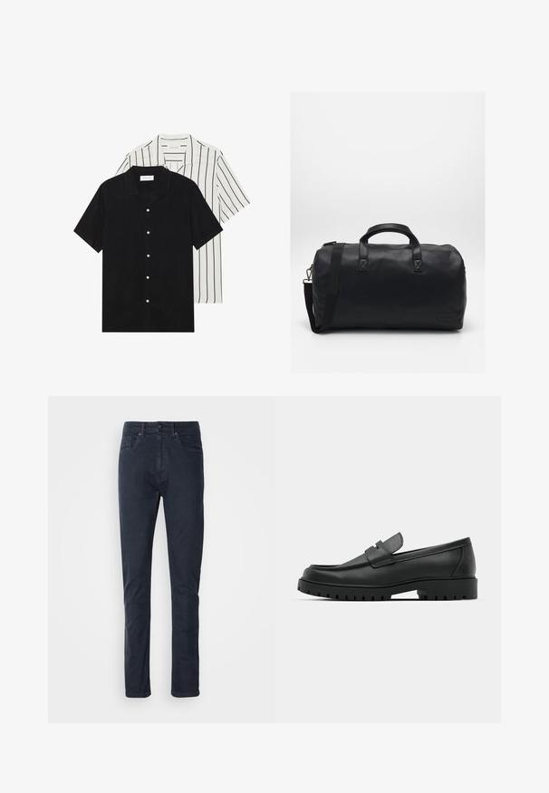 Kaksi lyhythihaista puseroa: yksi yhtenäinen musta, toinen valkoinen mustilla pystyraitoilla. Molemmissa on napitus ja klassinen kaulus.; Tummansinisiä puuvillahousuja suoran lahkeen mitalla, nappikiinnitys ja viisi taskua. Sileä pinta ja minimaliset ompeluyksityiskohdat.; Musta nahkaloafers, joissa on pyöreä kärki, ommeltu pinta, matala alusta ja kuvioitu, kuminen ulkopohja.; Mustasilmäkekassi, joka on valmistettu teksturoidusta synteettisestä materiaalista. Varustettu kahdella kahvalla ja säädettävällä olkahihnalla. Yksinkertainen muotoilu ilman näkyviä kuvioita.