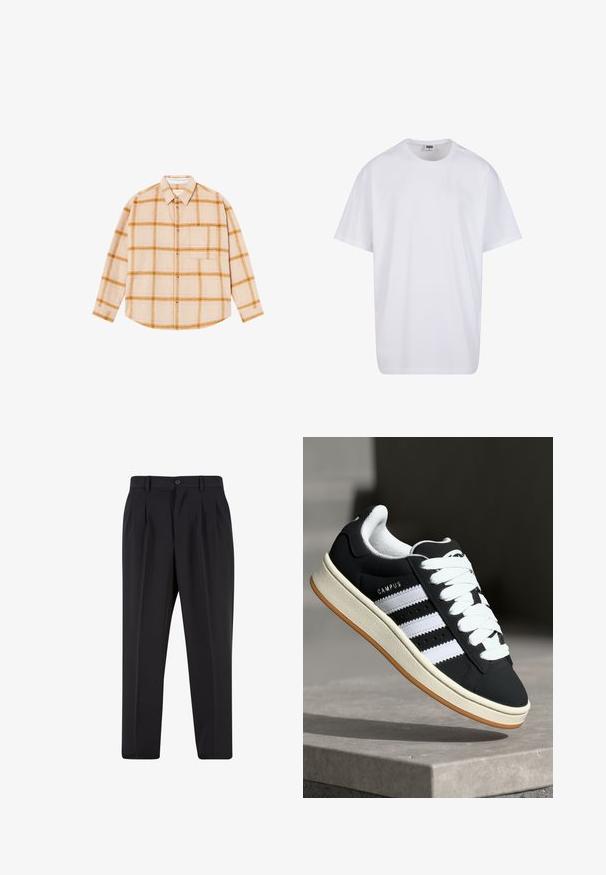 Beżowa koszula w kratę z długim rękawem, z żółtymi i brązowymi wzorami, z zapięciem na guziki, z jedną kieszenią na piersi, wykonana z teksturowanej tkaniny.; Biała bawełniana koszulka z krótkimi rękawami, okrągłym dekoltem, luźnym krojem i bez widocznych logo lub wzorów. Gładka tekstura i minimalistyczny design.; Czarne spodnie z plisowanym przodem, wykonane z gładkiego materiału. Zapięcie na guzik i szlufki na pasek; prosty krój nogawek.; Czarny tenisówka z białymi paskami, sznurowana, z teksturowaną cholewką i gumową podeszwą. Na boku znajduje się logo "CAMPUS" oraz kremowa podeszwa.