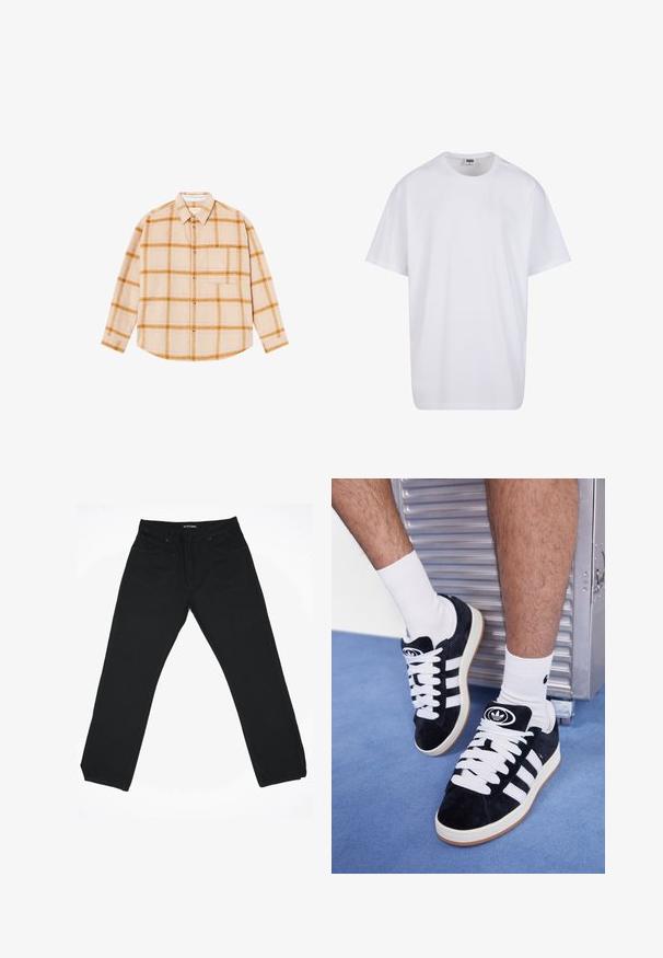 Beigā krāsā ar dzelteniem un brūniem rūtiņām, garās piedurknes kreklā, ar pogu aizdari, viena krūšu kabata, izgatavots no teksturētas auduma.; Balta kokvilnas T-kreklu ar īsām piedurknēm, apaļu kakla izgriezumu, brīvu piegriezumu un bez redzamām logo vai rakstiem. Gluda tekstūra un minimālistisks dizains.; Melnas džinsu bikses ar taisno kāju dizainu, vidēji augstu jostasvietu, piecām kabatām un smalkiem izšuvuma elementiem.; Melni zamšaini sporta apavi ar baltiem šņorēm un trim baltām svītrām. Iekļauj arī apaļu melnu logotipu uz mēles un gumijas zoli.