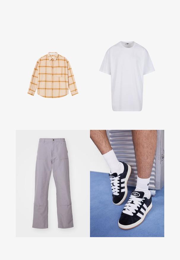 Långärmad rutiga skjorta i beige med gula och bruna rutor, knäppning fram, en bröstficka, tillverkad av ett strukturerat material.; Vit bomull t-shirt med korta ärmar, rundad halsringning, avslappnad passform och utan synliga logotyper eller mönster. Slät textur och minimal design.; Ljuslila byxor med rak bendesign, som har två framfickor och dekorativ sömnad. Tillverkade av slitstark bomull.; Svarta mockaskor med vita snören och tre vita ränder. Har en rund svart logotyp på tungan och en gumminnedgummisula.