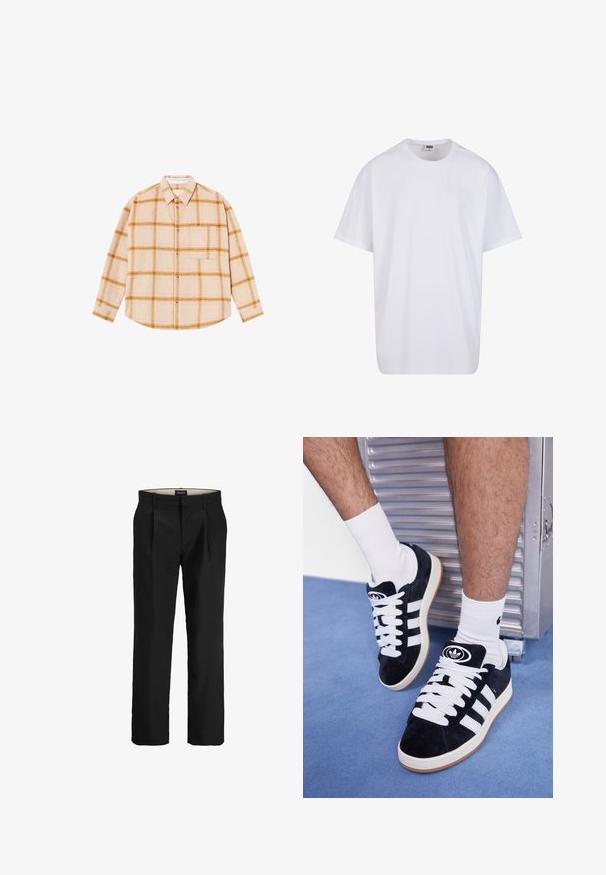 Camicia a maniche lunghe a quadri in beige con motivi gialli e marroni, design con bottoni, taschino singolo sul petto, realizzata in un tessuto testurizzato.; Maglietta bianca in cotone con maniche corte, scollatura rotonda, vestibilità comoda e senza loghi o motivi visibili. Texture liscia e design minimale.; Pantaloni neri su misura con frontale liscio, due tasche laterali, una texture morbida e una vestibilità dritta. Presentano passanti per la cintura per un tocco di stile in più.; Sneakers in suede nero con lacci bianchi e tre strisce bianche. Presentano un logo circolare nero sulla linguetta e una suola in gomma color gomma.