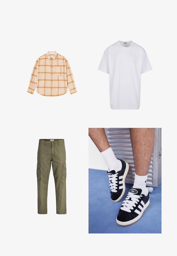 Langærmet plaidskjorte i beige med gule og brune tern, knappesystem, enkelt brystlomme, lavet af et tekstureret stof.; Hvid bomulds t-shirt med korte ærmer, rund halsudskæring, afslappet pasform, og ingen synlige logoer eller mønstre. Glat tekstur og minimalistisk design.; Olivenfarvede cargo-bukser lavet af bomuldsstof, med sidelommer, lige pasform og en talje med knaplukning.; Sorte ruskinds sneakers med hvide snørebånd og tre hvide striber. Har et rundt sort logo på tungen og en gummigummisål.