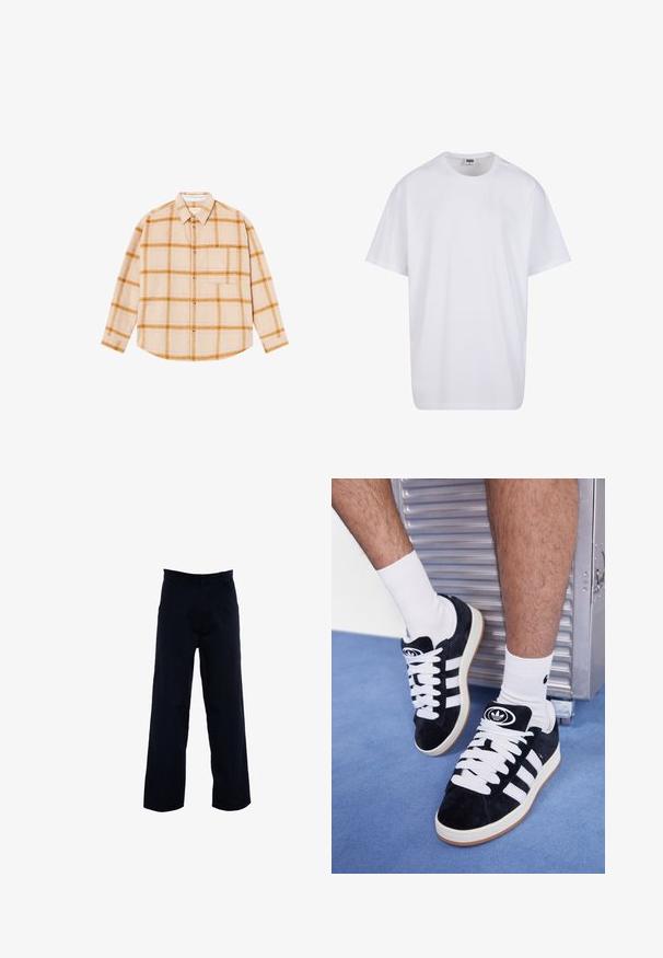 Hnědo-beige kostkovaná košile s dlouhým rukávem, s žlutými a hnědými kostkami, zapínání na knoflíky, jedna náprsní kapsa, vyrobena z texturované látky.; Bílé triko z bavlny s krátkým rukávem, kulatým výstřihem, volným střihem a bez viditelných log či vzorů. Hladká textura a minimalistický design.; Tmavě námořnické kalhoty se střihem rovné nohavice, vyrobené z hladkého materiálu, s bočními kapsami a klasickým pasem.; Černé semišové tenisky s bílými tkaničkami a třemi bílými pruhy. Mají kulatou černou logo na jazyku a gumovou podrážku.