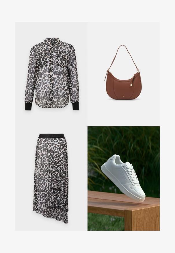 Kerge nööbiga särk leopardimustriga mustas ja hallis. Omab kahte esist taskut ja musti varrukakäe ääri.; Klõpsu midi seelik musta ja beeži leopardimustriga, must elastne vöökoht DKNY logoga. Kerge, poolläbipaistev kangas.; Valged sneakerd, millel on sile sünteetiline ülemine osa, väikeste aukudega varvaskast, lamedad paelad ja tekstuuriga tald, eksponeeritud puidust pinnal.; Pruun faux nahast õlaline kott, millel on kaarjas kuju, minimaalne õmblemine ja kuldse tooni metallist aksessuaar. Omab ülemist tõmblukku ja reguleeritavat rihma.