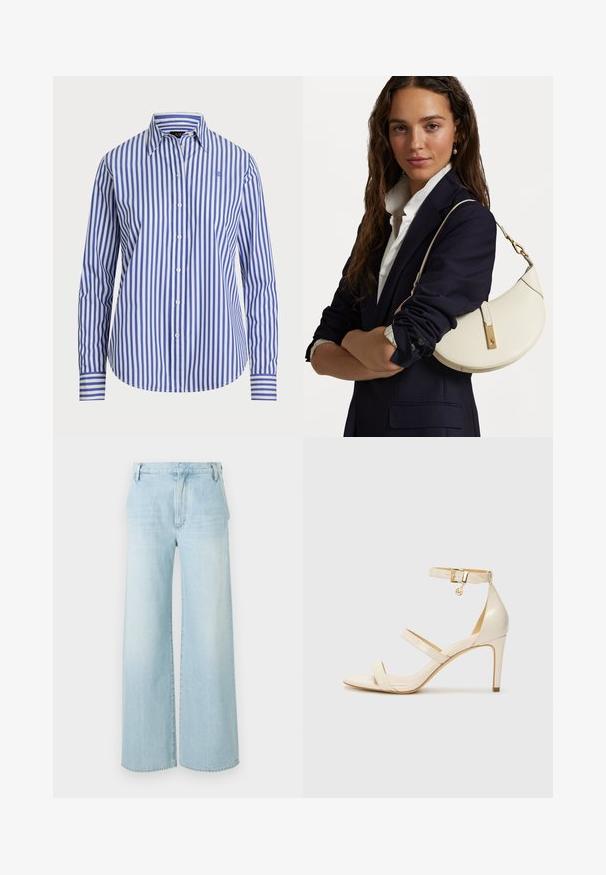Camisa de botones a rayas verticales en azul y blanco. Presenta un collar clásico, mangas largas y un dobladillo redondeado. Fabricada en tejido tejido.; Jeans de pierna ancha de color azul claro, hechos de denim. Con cintura alta, diseño de cinco bolsillos y un leve desgastado con dobladillo limpio.; Sandalias de tacón beige con tira delgada en el tobillo y dos tiras superiores. Acabado de charol brillante y detalle en dorado en la tira del tobillo.; Bolso de mano de cuero blanco con forma curva, herrajes dorados y un acabado texturizado, llevado sobre un blazer oscuro y una camisa blanca.