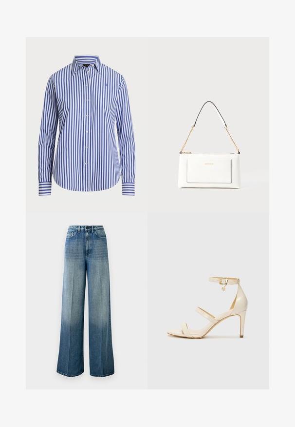 Button-up Hemd in blau und weißen vertikalen Streifen. Verfügt über einen klassischen Kragen, lange Ärmel und einen abgerundeten Saum. Hergestellt aus gewebtem Stoff.; Helleblaue, weit geschnittene Jeans aus Denim. Verfügt über eine hohe Taille, ein klassisches Fünf-Taschen-Design und einen ausgebleichten Farbverlauf von dunkel nach hell.; Beige High Heels Sandalen mit dünnem Knöchelriemen und zwei oberen Riemen. Glänzende Lackoberfläche und goldene Hardware-Details am Knöchelriemen.; Weißes Lederhandtasche mit strukturierter Oberfläche, ausgestattet mit einem goldenen Kettenriemen und schwarzen Akzenten. Enthält eine Fronttasche und einen Reißverschluss.