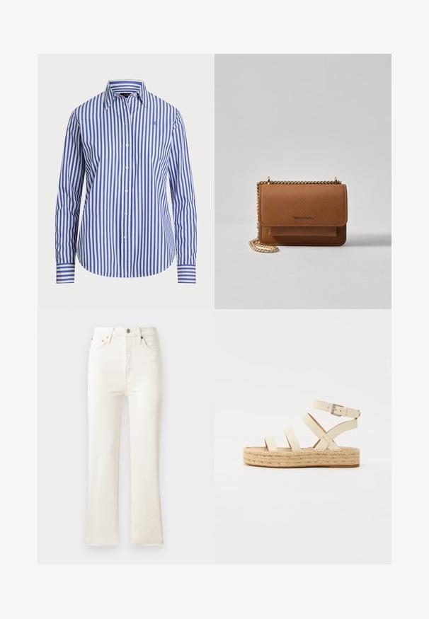 Košile na knoflíky v modro-bílých vertikálních pruzích. Má klasický límec, dlouhé rukávy a zaoblený lem. Vyrobena z tkané látky.; Bílé džíny s vysokým pasem, rozšiřující se nohavice, se zipem, pěti kapsami a jemnými švy. Materiál má hladkou strukturu.; Béžové kožené sandály s překříženými pásky, přezkou a platformou z juty. Design má hrubou tkanou texturu a plochou podrážku.; Hnědá texturovaná kožená kabelka přes rameno se zlatým řetízkovým popruhem a klopnovým uzavíráním. Přední strana obsahuje detail loga a kapsu pod klopou.