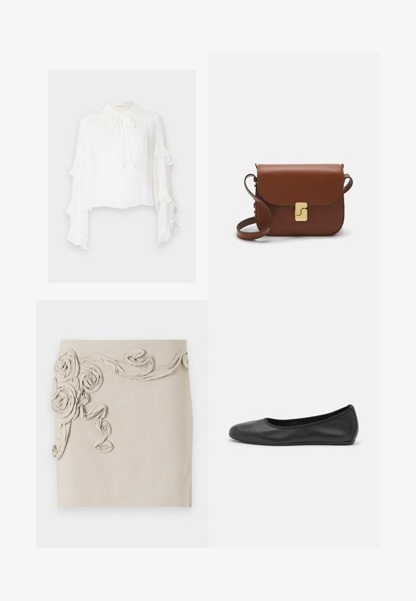 Valkoinen paita, jossa on pitkät, levenevät hihat, joissa on röyhelöreunat. Korkea kaulus, jossa on solmusi yksityiskohta, ja kevyt, teksturoitu kangas.; Beige liinakleit, kus on tekstuuriga kangaroosid ja keerduvad ribadetailid, loomiseks kolmemõõtmeliseks välimuseks. Sujuv viimistlus.; Musta nahkainen ballerina, jossa on pyöristetty kärki, sileä pinta, minimaalinen ommelkoristelu ja joustava pohjamuotoilu.; Ruskea nahkainen käsilaukku, jossa on läppäkiinnitys, kultasävyiset yksityiskohdat, olkahihna ja sileä pinta. Kompaktin suorakaiteen muotoinen.