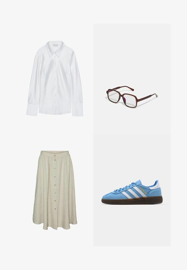 Bílá košile s dlouhým rukávem, klasického límce, s knoflíkovým zapínáním vpředu a hladkým povrchem, vyrobená z lehkého materiálu s jemným leskem.; Sukně do délky kolen v béžové barvě vyrobená z texturované látky s knoflíkovým zapínáním vpředu, elastickým pasem a splývavým designem.; Světle modré semišové tenisky s bílými koženými pruhy, hnědou texturovanou podrážkou a zlatým logem. Nízký design s zaoblenou špičkou.; Hnědé, obdélníkové brýle s průhlednými skly a fialovými odstíny. Hladký plastový rám s rovnými nohami a jemnými akcenty.; Námořnická kožená kabelka s texturovaným povrchem, stříbrným kováním a jednoduchým uzávěrem. Model ji drží proti neutrálnímu pozadí.