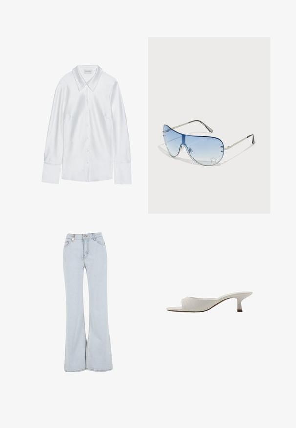 Bela dolg rokav s klasičnim ovratnikom, z gumbi spredaj in gladko teksturo, izdelana iz lahkega materiala z rahlim sijajem.; Svijetloplave traperice s širokim nogavicama, visokog struka, koje imaju pet džepova i kontrastno šivanje duž šavova.; Bele odprte mule bele barve s ukrivljeno zasnovo, nizko peto, gladko teksturo in subtilnim šivanim vzorcem. Rjava akcenta na osnovi pete.; Pilotne sončne očala z gradijentnimi modrimi lečami, srebrnim kovinskim okvirjem in okrasnimi zvezdastimi detajli na lečah. Gladek in eleganten dizajn.
