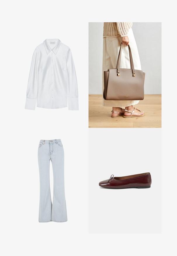 Balta garām piedurknēm krekls ar klasisku apkakli, piedāvā pogu aizdari un gludu audumu, izgatavots no viegla materiāla ar smalku spīdumu.; Gai zilu flared džinsi, kas izgatavoti no denima, ar augstu jostasvietu, piecām kabatām un kontrastējošu šuvju izšuvumu.; Burgundijas laku ādas baleta kurpes ar noapaļotu purngalu, nelielu loku akcentu priekšā un zemu melnu gumijas zoli. Gluda tekstūra.; Brūns sintētisks rokassomas modelis ar divām garām rokturēm, kvadrātiskām metalizētām akcentiem un diskrētu logotipu. Valkāts ar gaismas krēma svārkiem un sandālēm.