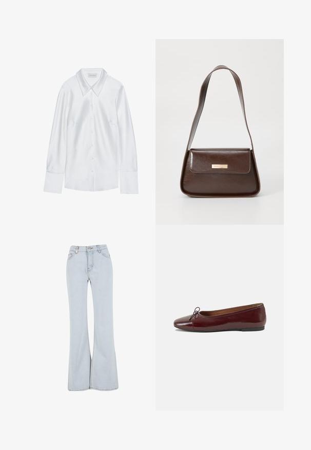 Bílá košile s dlouhým rukávem, klasického límce, s knoflíkovým zapínáním vpředu a hladkým povrchem, vyrobená z lehkého materiálu s jemným leskem.; Světle modré zvonové džíny vyrobené z denimu, s vysokým pasem, pěti kapsami a kontrastním prošíváním podél švů.; Burgundské lakové baleríny s kulatou špičkou, malou mašlí vpředu a nízkou černou gumovou podrážkou. Hladký povrch.; Hnědá kožená taška přes rameno se strukturovaným tvarem, vybavená magnetickou klopou a metalickým logem na přední straně.