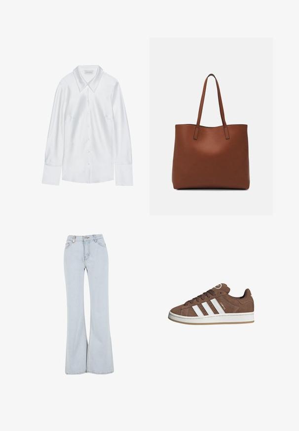 Vit långärmad skjorta med klassisk krage, som har knäppning fram och slät textur, tillverkad av lättviktsmaterial med en subtil lyster.; Ljusblå utsvängda jeans i denim med hög midja, fem fickor och kontrasterande sömmar längs sömmarna.; Bruna mockaskor med vita läderremsor, gummisula, rund tå och snörning framtill. Har en logotyp på tungan och perforerade detaljer.; Brun läder tote-väska med en slät textur, öppen toppdesign och två axelremmar. Har minimal söm och ingen synlig metalldetalj.
