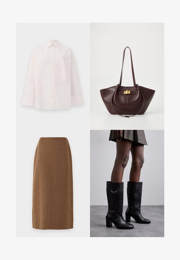 Camisa de botones de color rosa claro con rayas blancas verticales, de manga larga, cuello puntiagudo y un solo bolsillo en el pecho. Textura de tela suave.; Falda marrón hasta la rodilla hecha de una tela suave con una textura lisa y un corte recto; presenta un sutil detalle de costura a lo largo de los lados.; Zadig & Voltaire PREISER TUBE - Botas - noir; Bolso tote de piel burdeos con forma estructurada, base plana y dos asas largas. Presenta un cierre de metal en tono dorado en la parte superior.