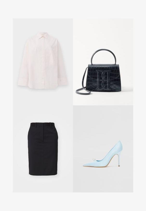 Ljusrosa skjorta med knappar, vertikala vita ränder, lång ärm, spetsig krage och en enda bröstficka. Slät tygtextur.; Svart blyertskjol med en figurnära design, tillverkad av ett mjukt tyg. Har ett midjeband och en slits bak för bättre rörelsefrihet.; GIABORGHINI Klassiska pumps - blue; Svart läderhandväska med krokodilprägling, strukturerad design, topphandtag, justerbar rem och en framträdande logotypdetalj på framsidan.