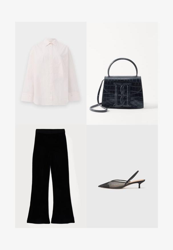 Camisa abotoada rosa claro com riscas brancas verticais, mangas longas, colarinho pontudo e um único bolso no peito. Textura de tecido suave.; Calças pretas de boca de sino feitas de um tecido suave e texturizado, com uma cintura lisa. O design apresenta uma perna larga e uma bainha uniforme.; NEOUS IRENA - Saltos clássicos - black; Bolsa de pele preta com estampa de crocodilo, de design estruturado, com alça de mão, correia ajustável e um detalhe de logotipo em destaque na frente.