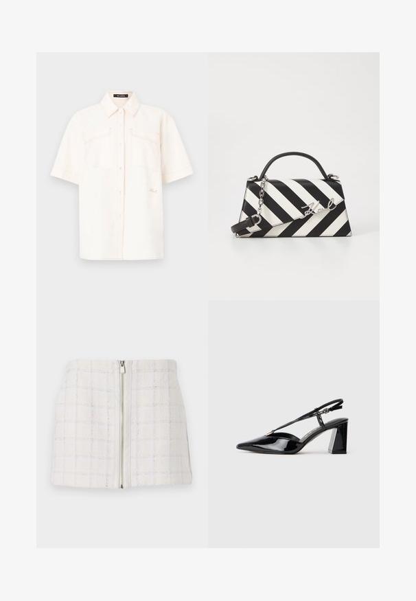 Camicia a maniche corte di colore crema, realizzata in tessuto leggero, con due tasche frontali, chiusura a bottoni e cuciture a contrasto.; Gonna mini bianca con texture, a motivo a quadri e accenti blu, dotata di chiusura con zip frontale. Il tessuto sembra morbido e leggermente strutturato.; Scarpe con tacco alto in vernice nera, con punta appuntita, cinturino regolabile e tacco rettangolare chunky.; Borsa a righe bianche e nere con una forma strutturata, dotata di manico superiore, tracolla a catena staccabile e dettaglio logo metallico.