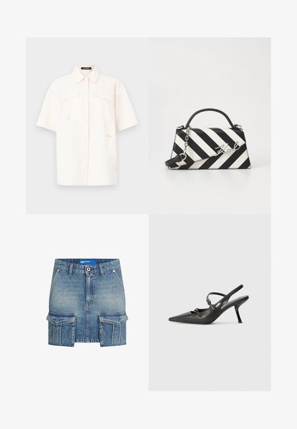 Srajca s kratkimi rokavi v kremni barvi, izdelana iz lahkega materiala, z dvema sprednjima žepoma, zapenjanjem na gumb in kontrastnim šivanjem.; Denim mini krilo v svetlo modri barvi z zbledelim videzom. Ima dva velika sprednja žepa in sprednje zapiranje na gumb. Primerno za pranje v pralnem stroju.; Črne usnjene sandale na peto s koničastim nosom, vitko peto in okrasno zaponko na sprednjem delu. Gladka tekstura in eleganten dizajn.; Črna in bela črtasta torbica z obliko s strukturirano obliko, s top ročajem, odstranljivo verižico in kovinskim logotipom.