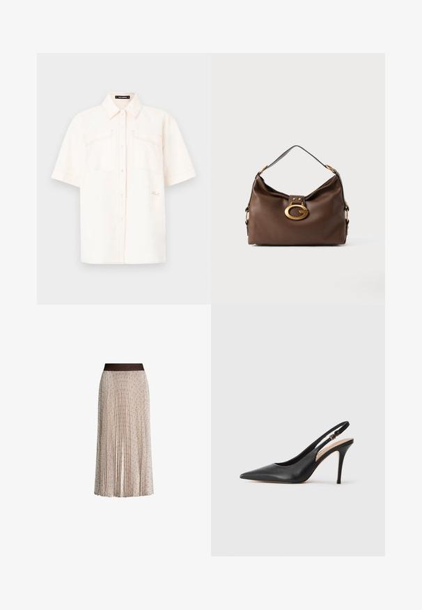 Majica kratkih rukava krem boje izrađena od laganog materijala, s dva prednja džepa, dizajnom na dugmad i kontrastnim šavovima.; Plesirana bež midi suknja s suptilnim geometrijskim uzorkom i tamnim pojasom s utisnutim logom "JOOP!".; Crna kožna cipelica s visokom petom i otvorenom petom, s oštrim vrhom, glatkom teksturom i delikatnom trakicom s metalnom kopčom.; Smeđa kožna torba s teksturiranom površinom, koja ima zlatni kopču i jedan zakrivljeni remen za rame.
