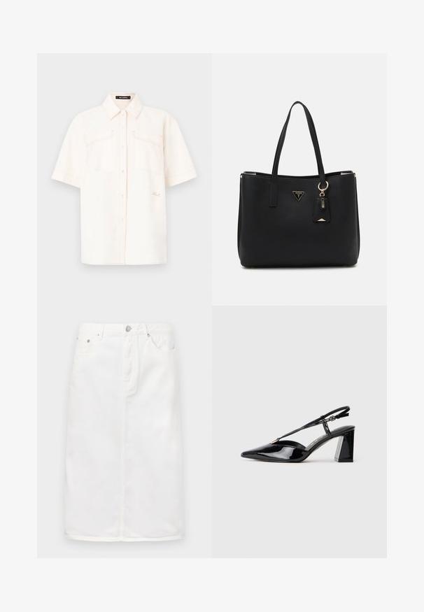 Lyhythihainen, vaalea paita, joka on valmistettu kevyestä kankaasta. Siinä on kaksi etutaskua, napitettava muotoilu ja erottuva ompelu.; Valkoinen farkkuhame, jossa on etuvetoketju, viisi taskua ja suora siluetti ompeluaksentteilla.; Musta patenttiliimainen slingback-korkokenkä, jossa on terävä kärki, säädettävä hihna ja paksu suorakulmainen korko.; Musta olkalaukku, joka on valmistettu teksturoidusta synteettisestä materiaalista, jossa on kaksi kantokahvaa, kultainen logo-plaaketti ja pieni tagi, jossa on korostusyksityiskohta.