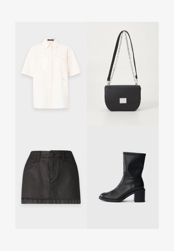 Camisa de manga corta de color crema, hecha de una tela ligera, con dos bolsillos frontales, diseño de botones y costuras en contraste.; Minifalda de denim negro con cierre de botón en la parte delantera, pasadores para cinturón y dos bolsillos frontales. Textura suave con un ligero brillo.; Botín negro de cuero hasta el tobillo con punta redonda, textura suave y tacón grueso, que presenta un eje ajustado y un sutil detalle de costura.; Bolso cruzado de cuero negro con forma redondeada, correa de cadena plateada y un acento de hardware rectangular en la parte delantera. Textura suave.