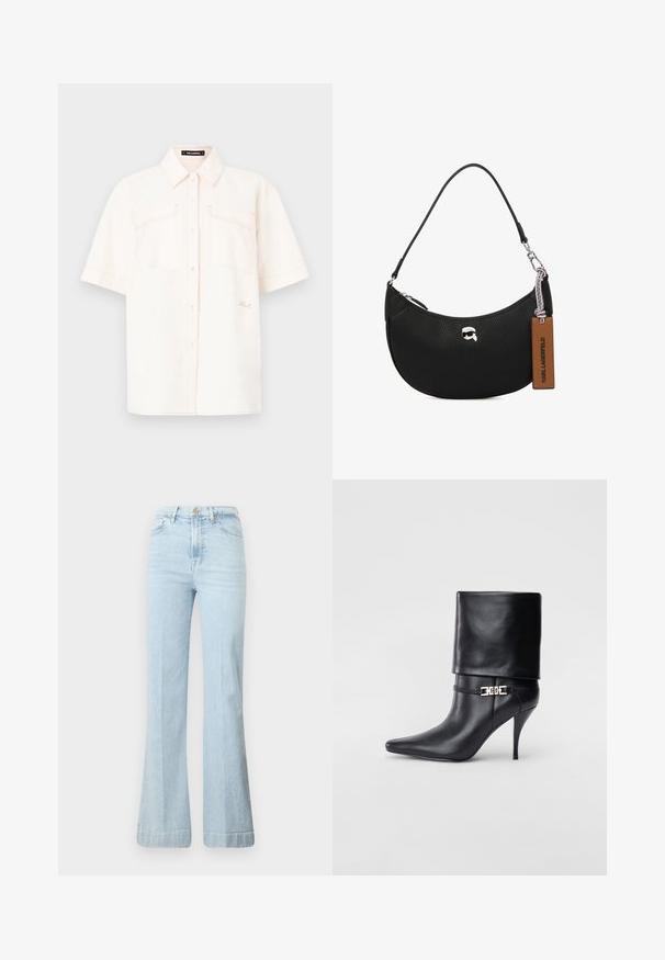 Chemise à manches courtes de couleur crème, fabriquée en tissu léger, avec deux poches à l'avant, un design à boutons et des coutures contrastantes.; Jean évasé bleu clair en denim. Doté d'une taille haute, d'une fermeture éclair et de deux poches avant. Décoloration subtile sur le tissu, ourlet propre.; Bottine en cuir noir avec un bout pointu, un haut talon aiguille, un revers, et un détail décoratif en boucle dorée au niveau de la cheville.; Sac à main en cuir noir avec une texture grainée, forme arrondie, fermeture à glissière sur le dessus, quincaillerie en argent et une étiquette marron. Présente un accent de logo.