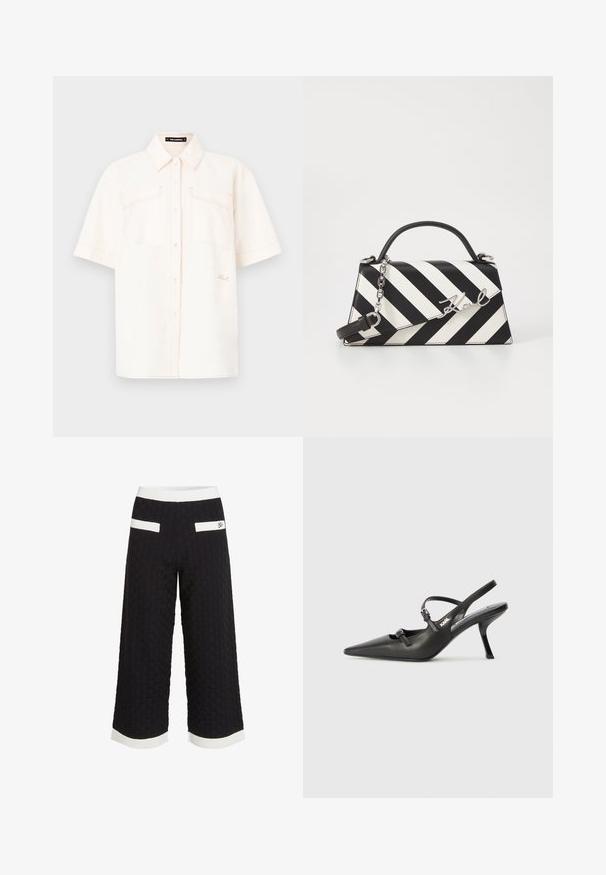 Majica kratkih rukava krem boje izrađena od laganog materijala, s dva prednja džepa, dizajnom na dugmad i kontrastnim šavovima.; Crne skraćene hlače s teksturiranim, tkanim uzorkom. Imaju bijele akcentne pruge na struku i rubu, plus dvije stražnje džepove.; Crne kožne štikle sa otvorenom petom, s uskim vrhom i dekorativnom kopčom na gornjem dijelu. Glatka tekstura i elegantan dizajn.; Crno-bijela prugasta torba s čvrstim oblikom, koja ima ručku na vrhu, odvojivu lančanu naramenicu i metalni logo akcent.