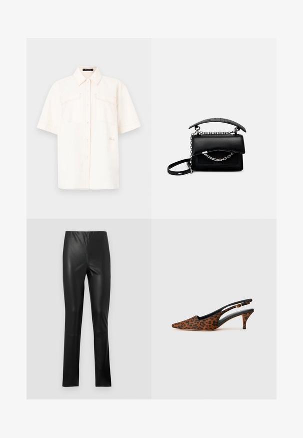 Short-sleeve, cream-colored shirt made of lightweight fabric, featuring two front pockets, a button-up design, and contrasting stitching.; Black faux leather pants with a slim fit, smooth texture, mid-rise waist, and straight legs. No visible hardware or patterns.; Brown leopard print slingback heel with a pointed toe, curved cutout sides, and a slender black heel. Smooth texture with gold accent.; Black leather handbag with a structured design, chain and handle accents, and a textured surface. Features a flap closure with branding visible.