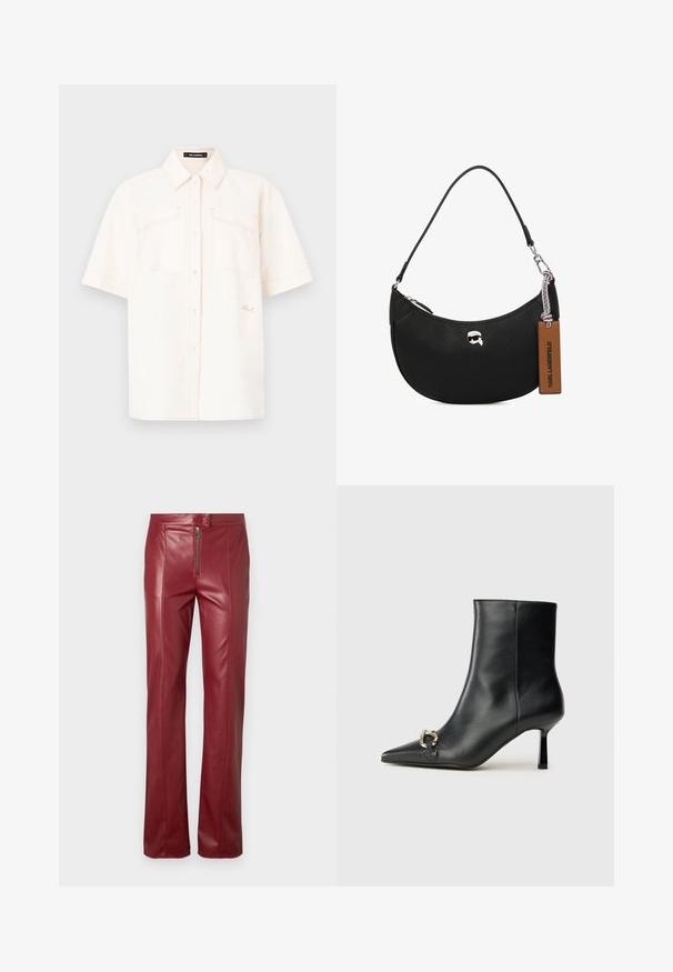 Lyhythihainen, vaalea paita, joka on valmistettu kevyestä kankaasta. Siinä on kaksi etutaskua, napitettava muotoilu ja erottuva ompelu.; Punaiset nahkahousut, joissa on slim fit -leikkaus, edessä vetoketjukiinnitys ja sileä pinta. Suunnittelussa on herkät saumurisetelut jaloissa.; Musta nahkasaapas nilkkapituisilla, terävillä kärjillä, hoikalla keskipituisella korolla ja hopeavöillä sivussa yksinkertaista taustaa vasten.; Musta nahkakäekott, millel on krobeline tekstuur, kaarjad jooned, ülemine lukuga kinnistus, hõbedane riistvara ja pruun silt. Omab logo aktsenti.