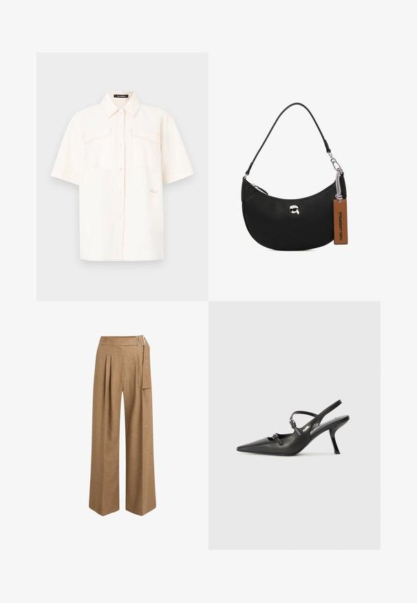 Srajca s kratkimi rokavi v kremni barvi, izdelana iz lahkega materiala, z dvema sprednjima žepoma, zapenjanjem na gumb in kontrastnim šivanjem.; Rjave hlače širokih nogavic iz teksturirane tkanine. Ponuja gubano sprednjo stran, zanke za pas in stransko žep s srebrnimi dodatki.; Črne usnjene sandale na peto s koničastim nosom, vitko peto in okrasno zaponko na sprednjem delu. Gladka tekstura in eleganten dizajn.; Črna usnjena torbica s teksturo graviranega kamna, ukrivljene oblike, zadrgo na vrhu, srebrnim okovjem in rjavo oznako. Značilna je po logotipu.