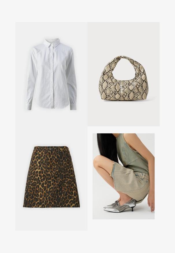 Camicia bianca con bottoni, realizzata in cotone liscio, dotata di un colletto classico, maniche lunghe e orlo curvo. I bottoni sono piccoli e bianchi.; Gonna in denim con stampa leopardata, caratterizzata da vita alta, due tasche frontali, orlo sfrangiato e una palette di colori marrone e nero.; Scarpe metallizzate argento con punta affilata e tacco basso, abbinate a una gonna di jeans azzurro chiaro con orli sfrangiati e un design semplice.; Borsa a stampa rettile con manico curvo. Realizzata in materiali testurizzati beige e marroni, presenta un distintivo motivo a rombi.